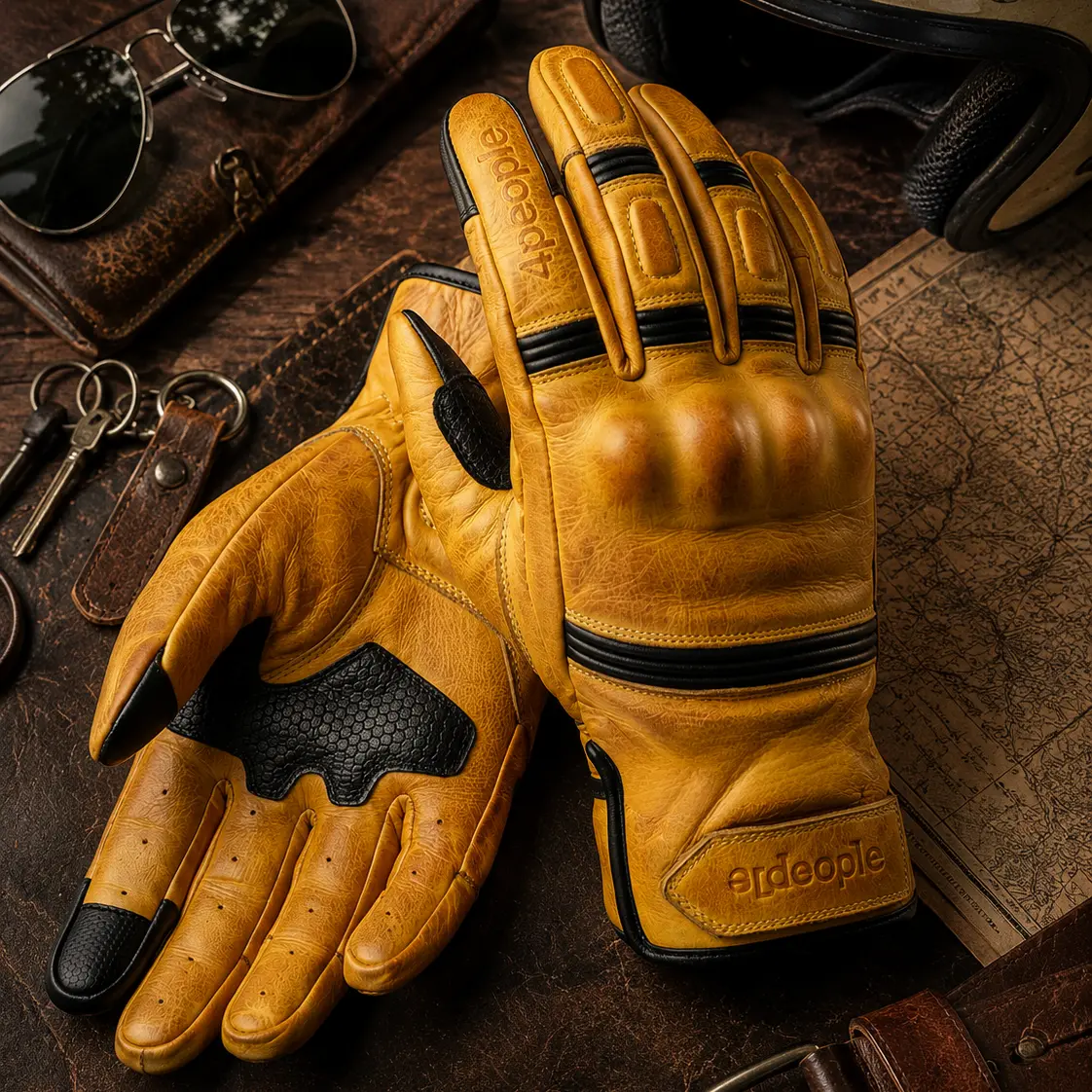 Guantes moto de cuero Desert Rider color vintage con protección en nudillos